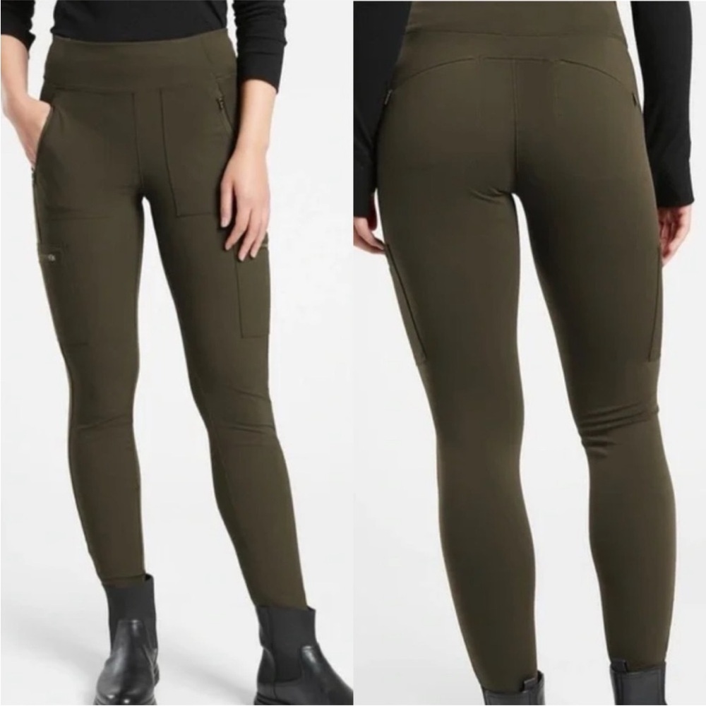 Athleta army olive green headlands hybrid cargo hiking travel pants tights 24